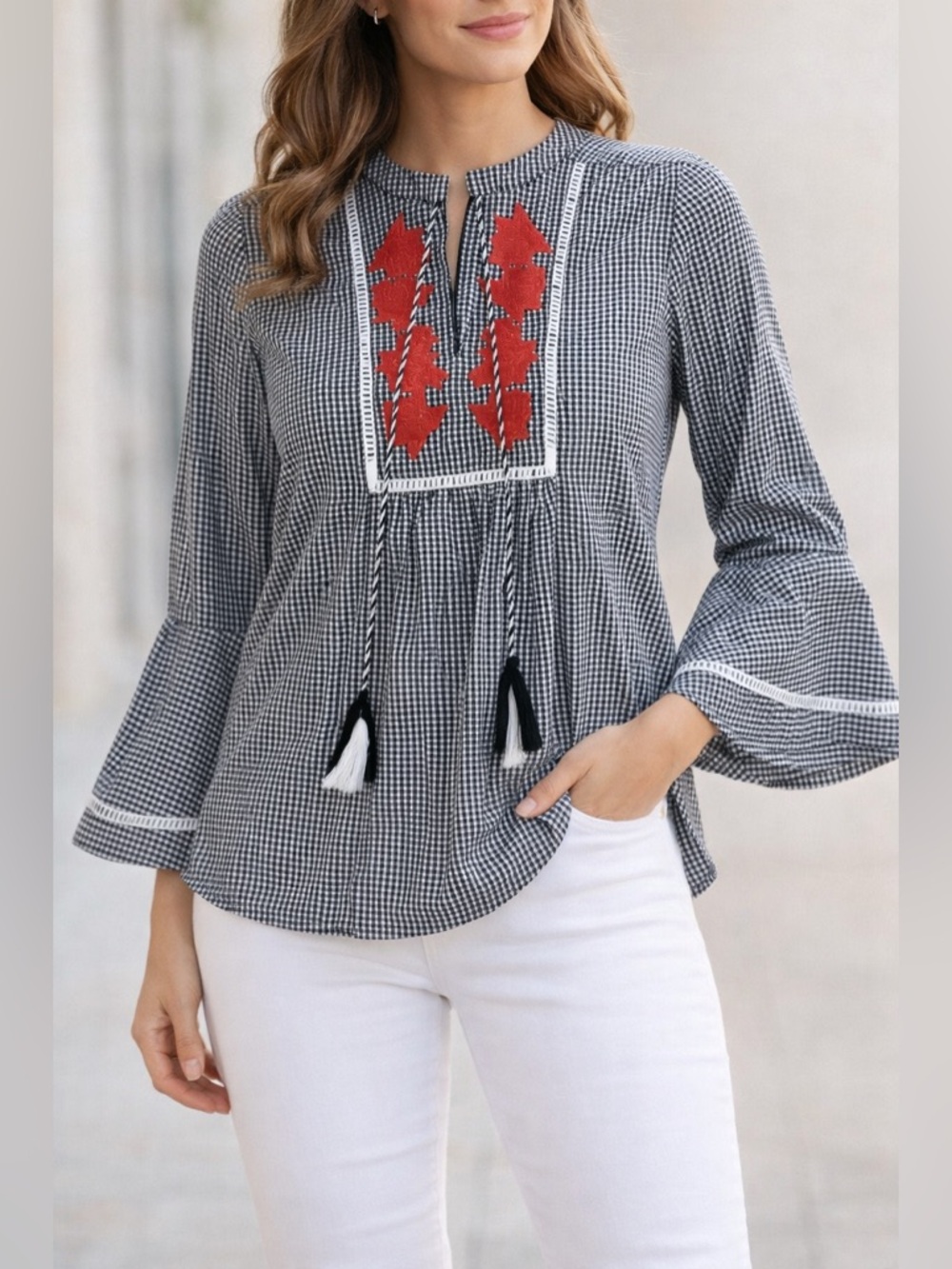 Studio West Apparel Embroidered Gingham Top – Size M